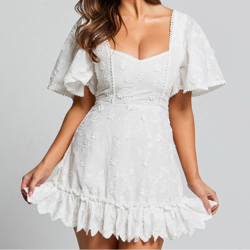 FANCY A SPRITZ MINI DRESS - SQUARE NECK DRESS IN WHITE EMBROIDERY